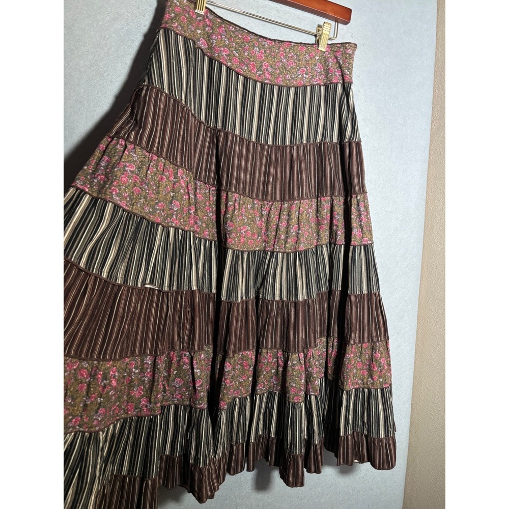Lapis Womens M Corduroy Tiered Maxi Skirt Floral Striped Boho A-Line Cottagecore - Picture 2 of 6